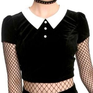 Velvet Goth Crop Top w/ White Collar & Buttons by Hot Topic